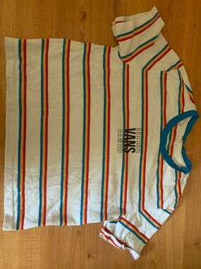 Vans White Tee with Red, Blue & Yellow Stripes